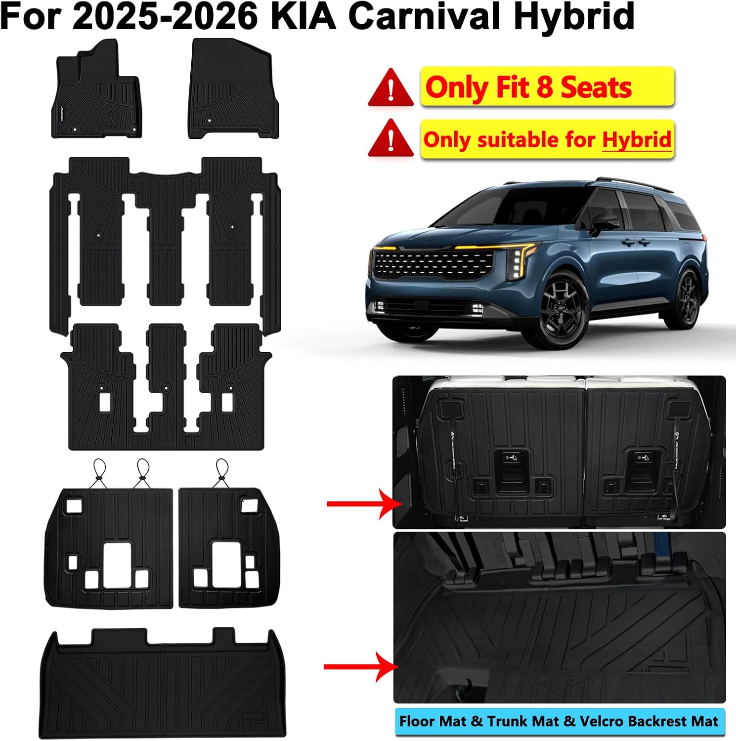 Floor Mats for 2025 2026 KIA Carnival Hybrid 8 Seats (Not for Fuel & Prestige) & Cargo Mat & Backrest Mat,TPE All Weather Protection Full Set Liner Covering The Backrest Accessories - Image 2