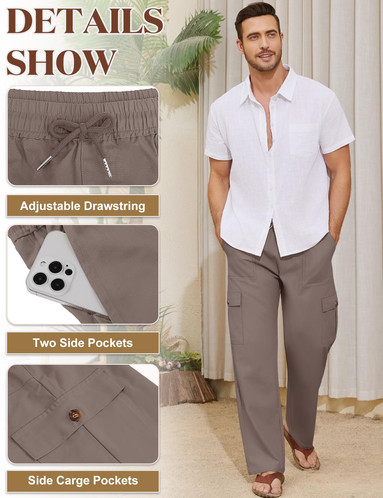 Voqeen Pantaloni Lino Uomo Estivi Pantalaccio Uomo Estivo Casual Pantaloni Elasticizzati in Vita con Tasche Cargo Pantalone di Lino Leggeri da Spiaggia Larghi