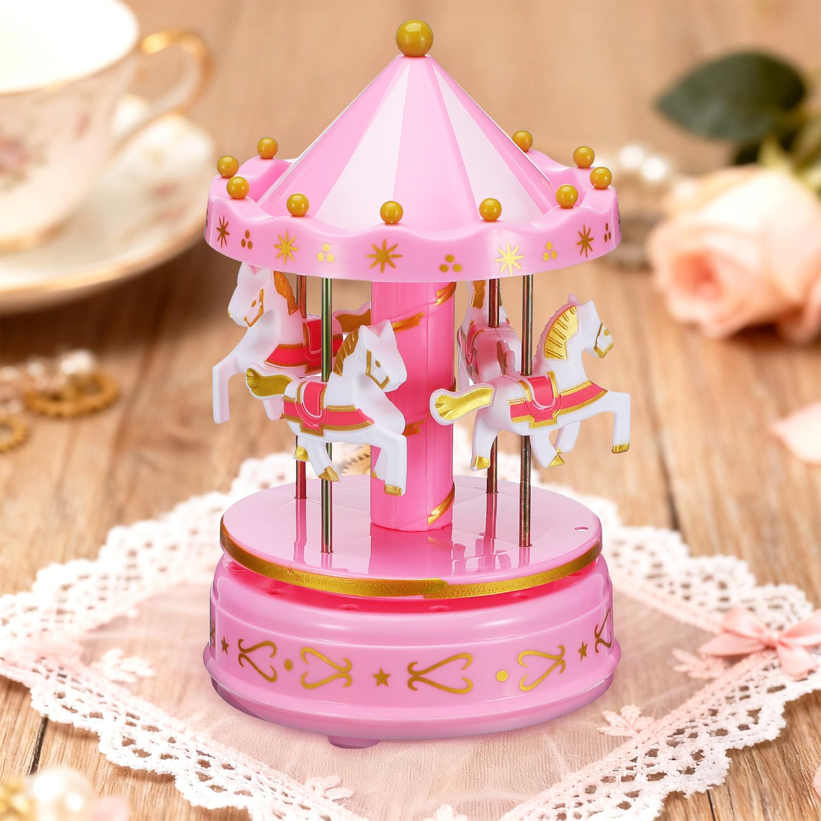 NUOBESTY Caja de Música de Tiovivo Rosa sin Luz Delicada Caja Musical Decorativa de Plástico 1 Pieza para Decoración del Hogar y Obsequio Especial