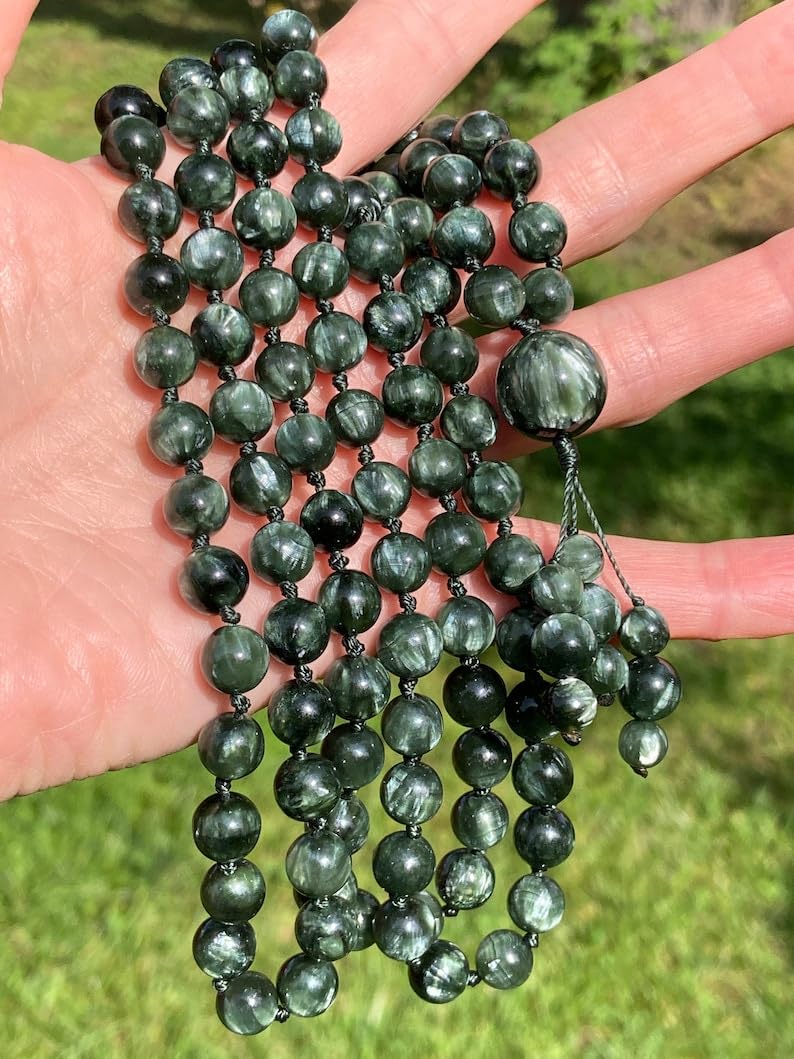 Cuentas de mala de piedra serafinita, collar de mala, 108 mala, nudo mala, collar WWG, joyería de yoga, cuentas de meditación, joyería espiritual, joyería bohemia