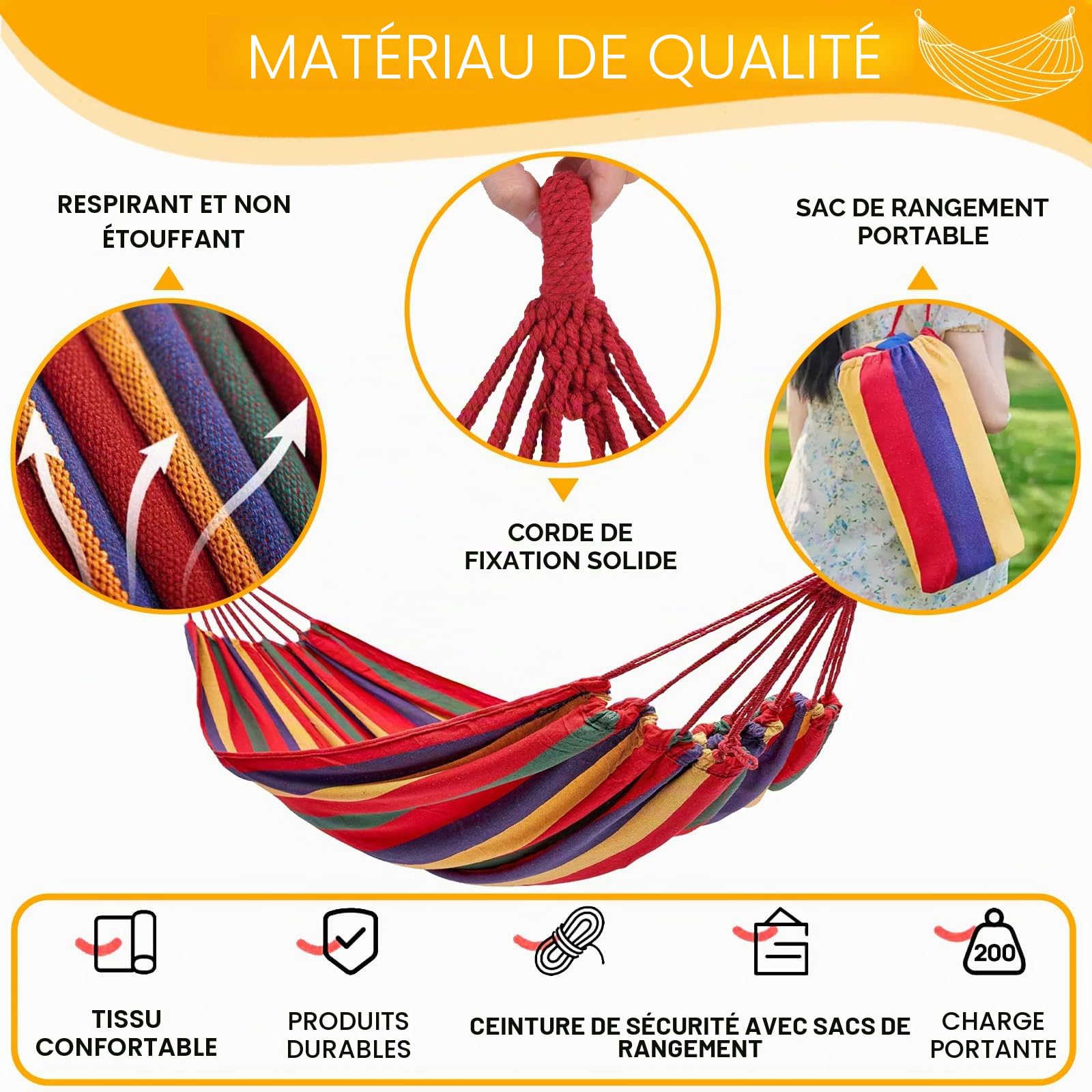 Hamac extérieur, hamac, camping, hamac, portable et respirant, avec une capacité de charge de 200 kg avec sangle + étui pour jardin, intérieur, balcon, terrasse, camping (coloré)