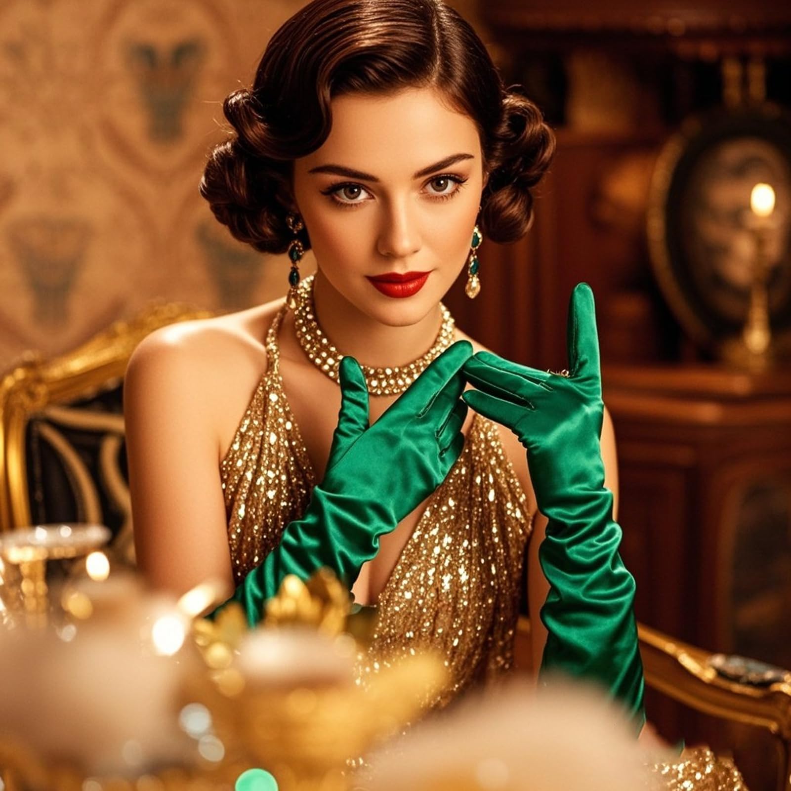 THARAHT Women Long Gloves with Satin Elbow Length for 1920s Opera Tea Party Costumes Bridal Evening Dress: Stain Green