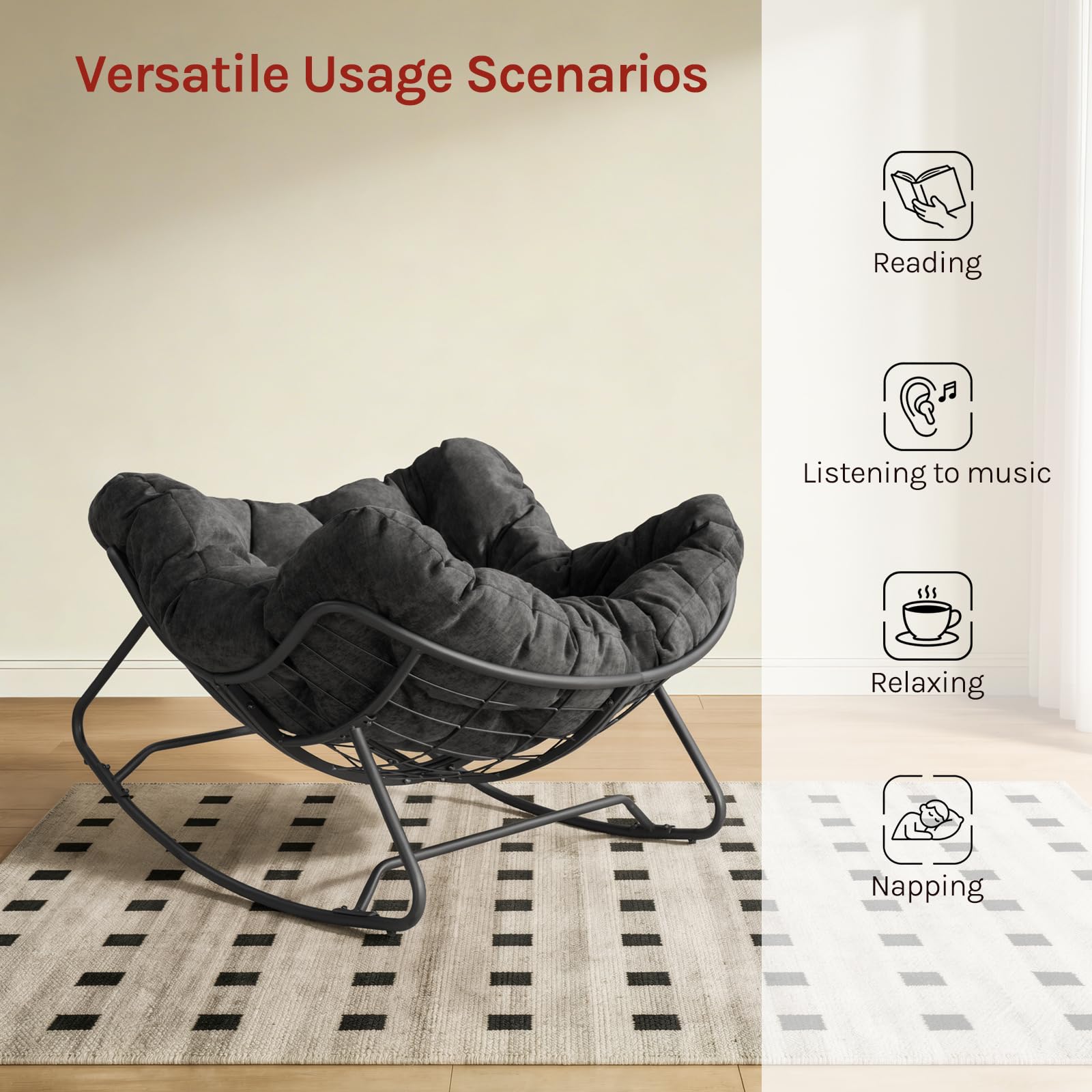 WOLTU Schaukelstuhl, eiförmiger Schaukelsessel Indoor | Chenille-Sitzkissen gepolstert, mit Metallrahmen, 150 kg belastbar, für Schlafzimmer Wohnzimmer, Schwarz