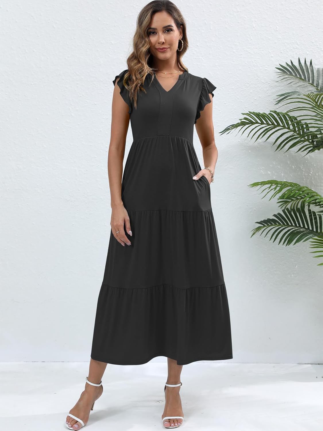 Womens Summer Casual Maxi Dress V Neck Ruffle Sleeve Sundress Fashion Flowy Tiered Boho Beach Vacation Long Dresses - Image 2