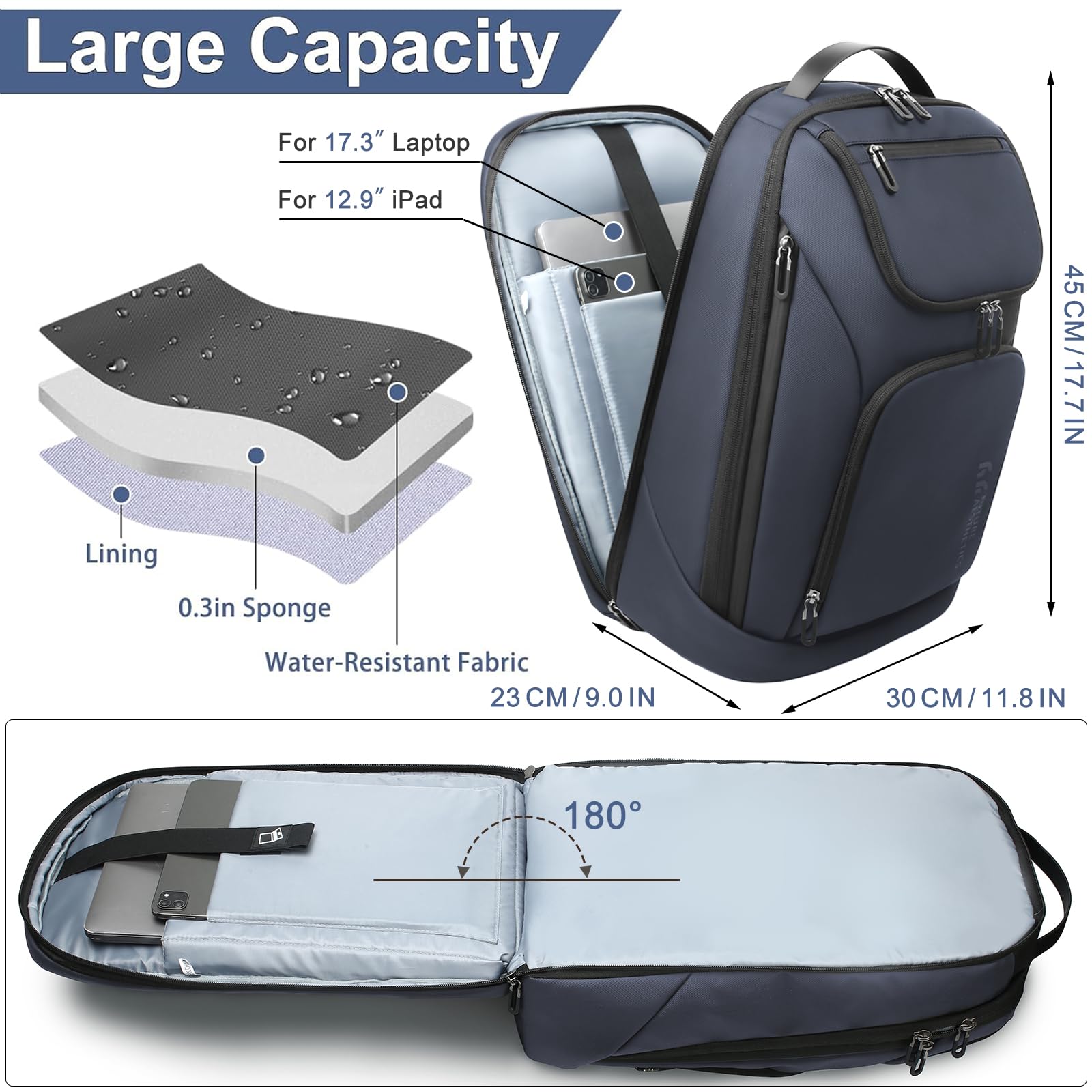 Sac à Dos Affaires Ordinateur Portable de 17,3 pouces avec Double Port USB Étanche Ultraléger Travail Bureau 30L (Bleu)