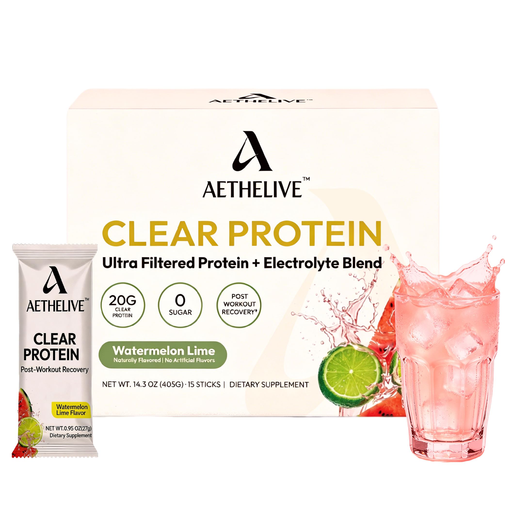 AETHELIVE Whey Protein Isolado em Pó, 20 g, sabor Melancia e Limão, 15 sachês