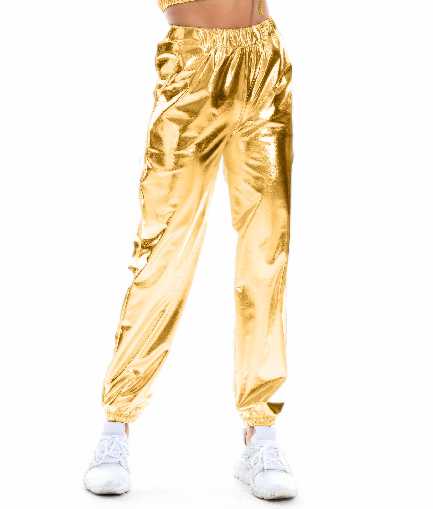 Womens Metallic Shiny Jogger Casual Holographic Color Streetwear Pants Hip Hop Fashion Smooth Elastic Trousers