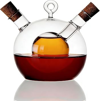 ELETON 2 in 1 Glass Oil and Vinegar Dispenser Borosilicate Cruet with Round Ball Inner Chamber, Dual Kitchen Container for Olive Oil & Balsamic, Cork Stopper