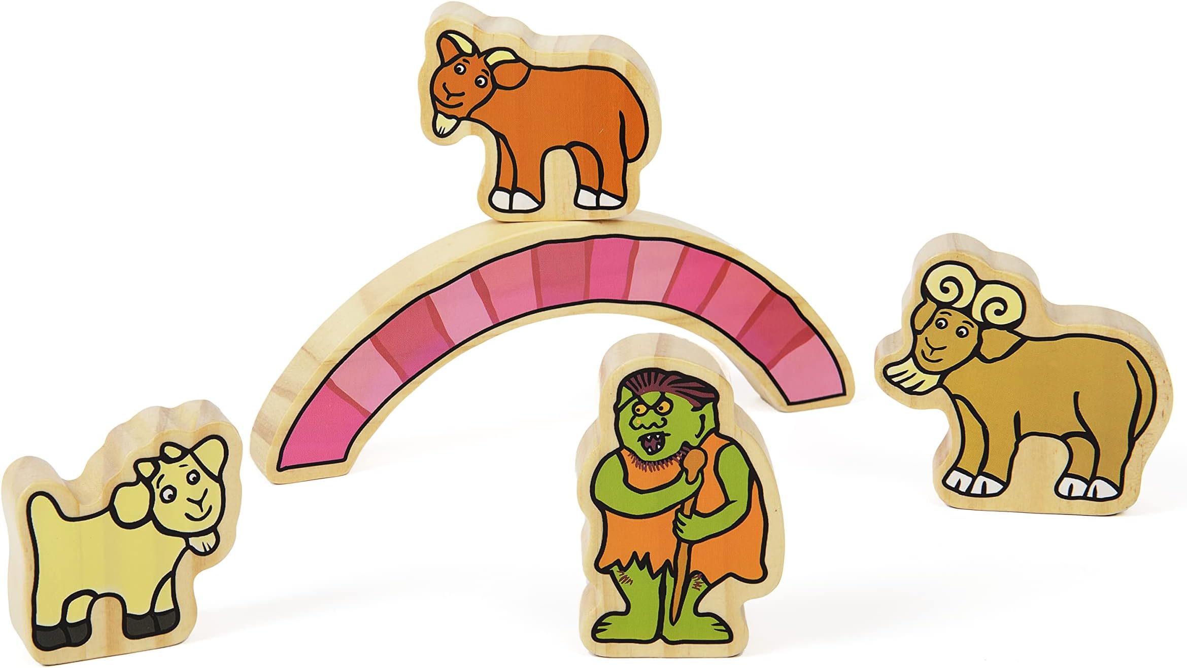 The Billy Goats Gruff Wooden Character Set | 3 Billy Goats Fairy Tales | Set of Five Wooden Toy Figures | Develop Early Language and Story Telling Skills | Toddler educational toy | 18m +