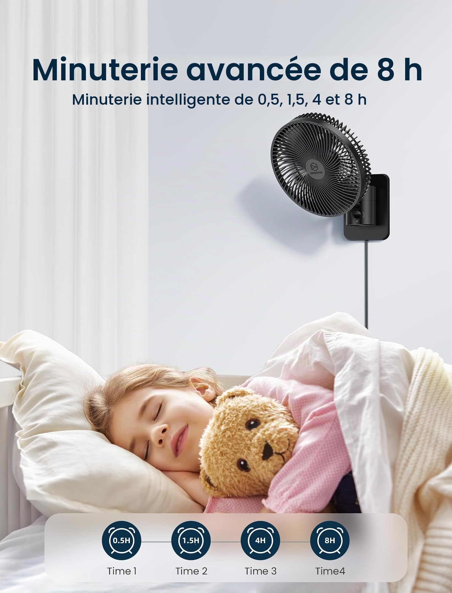 Ventilateur mural oscillant silencieux de 21,6 cm avec télécommande et minuterie, 4 vitesses réglables pour petites salles de bains, rafraîchissement des chambres intérieures pour camping-car