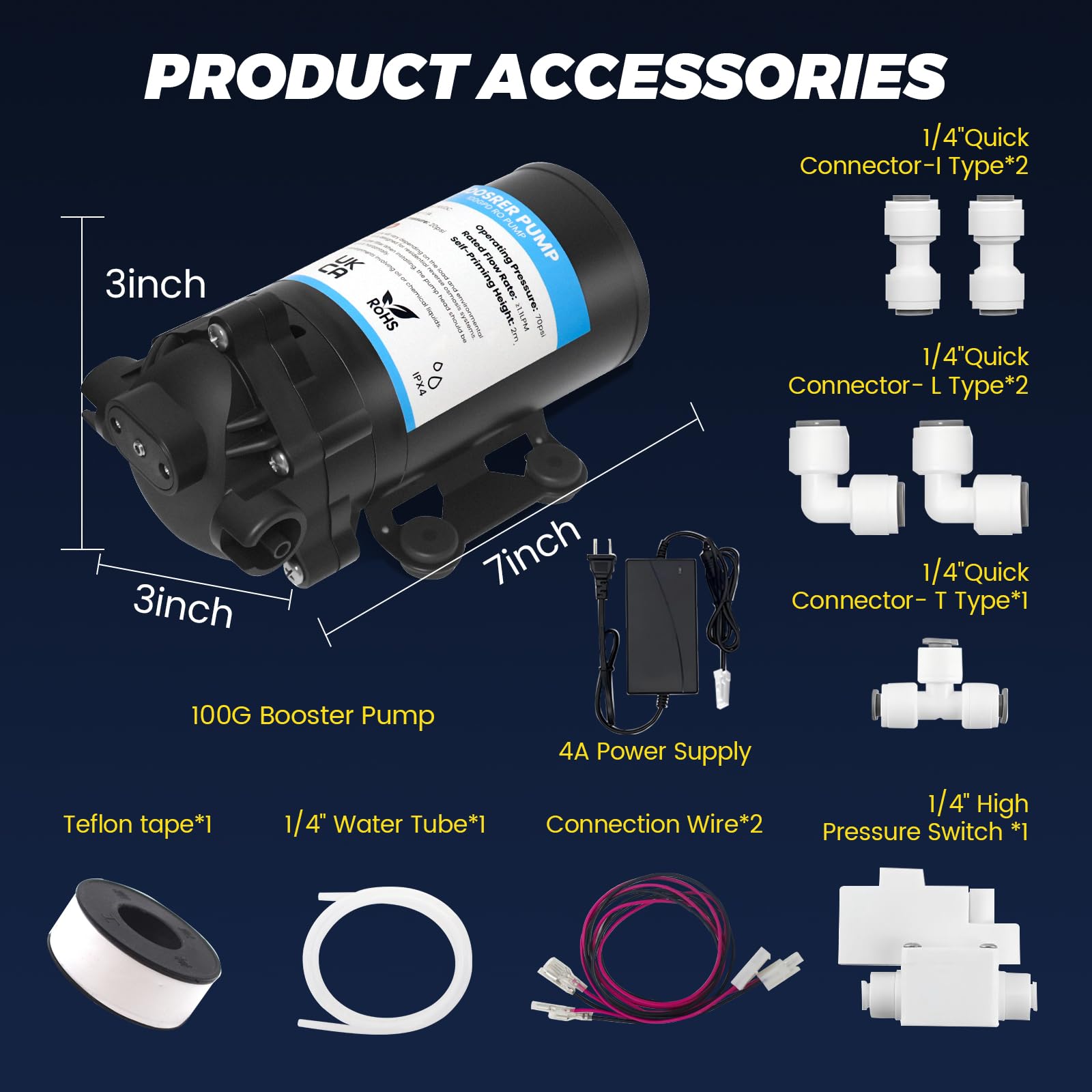 Kit de bomba de refuerzo RO para el hogar, bomba de refuerzo de ósmosis inversa RO para sistema de filtro de agua, filtro de agua de 100 GPD, incluye bomba, interruptor de presión, transformación