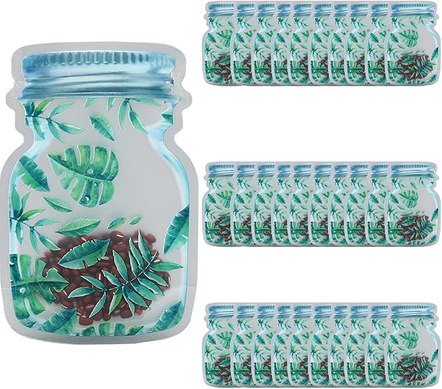 Joyday Store 30 PCS Mason Jar Zipper Bags, Reusable Mason Jar Bags, 3 Size Seal Leakproof Fresh Food Storage Bag for Herb and Spice, S ( Leaf Pattern)