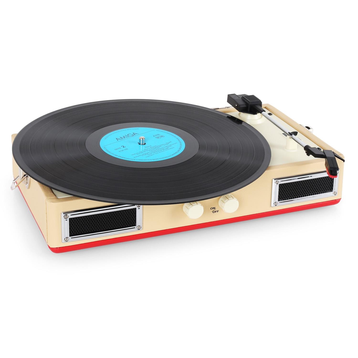 RicatechBrief case Style Record Player (2 YEAR Guarantee) Built In Amp & Twin Speakers Suitcase - 10 watt (Cream Beige / Red)