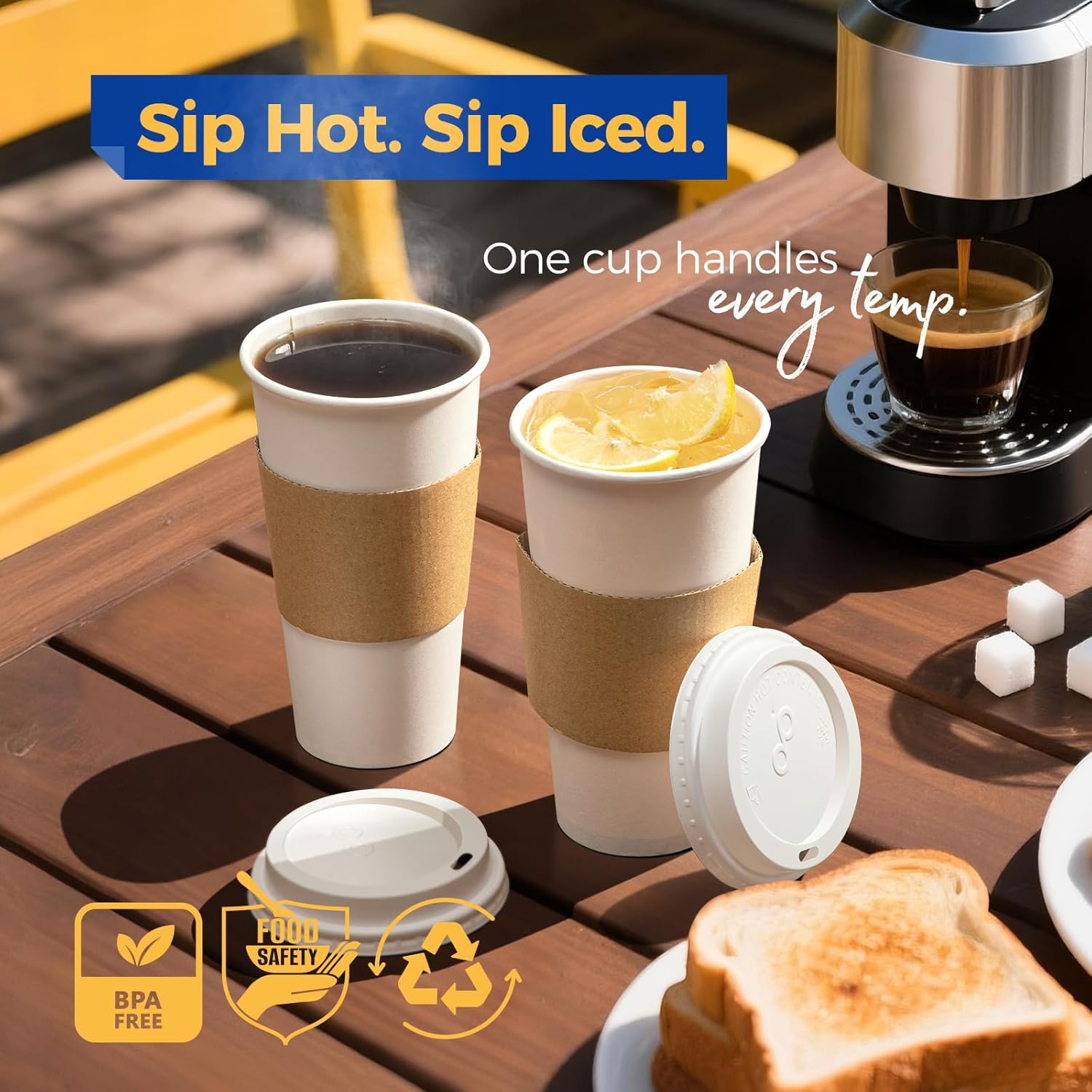 Fit Meal Prep 50 Pack 20 oz Disposable Coffee Cups with Lids, Sleeves, Leak-Proof To Go Coffee Cups with Lids, Durable Hot Paper Cups for Home, Office, Party, Business - Image 4