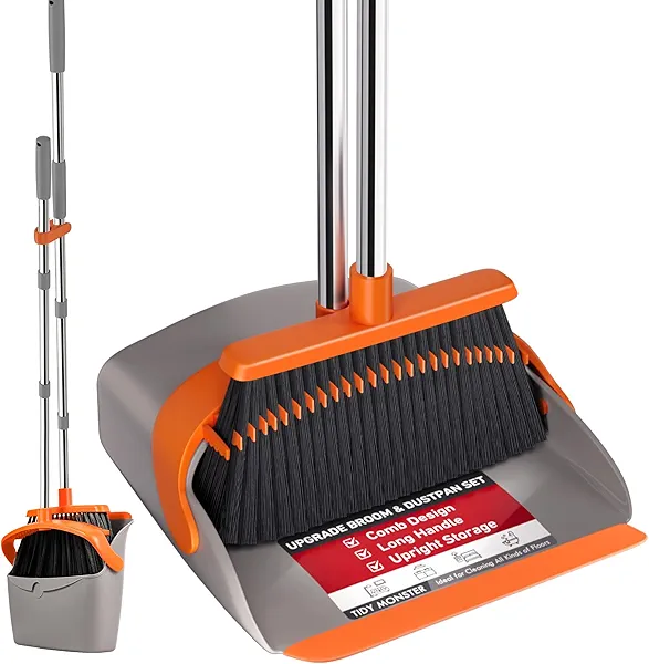 Upgraded Broom and Dustpan Set, 52" Long Handle Standing Combo with Self-Cleaning Teeth – Perfect for Pet Hair, Kitchen, Office, Home, Indoor & Outdoor Cleaning.