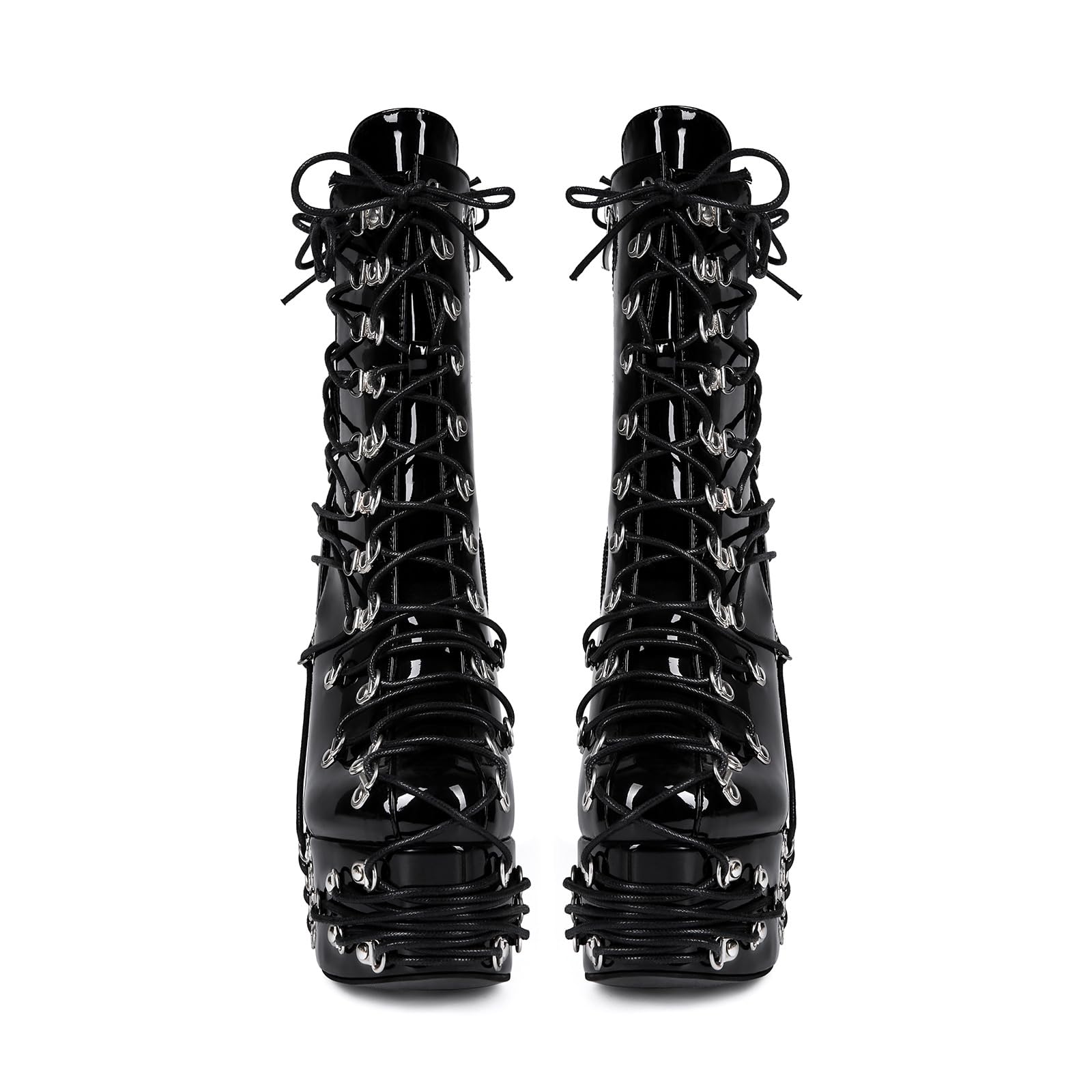 Damen Stiefeletten Plateau Schnürboots Blockabsatz Schnürstiefeletten mit D-Ringen Verzierter Schnürung