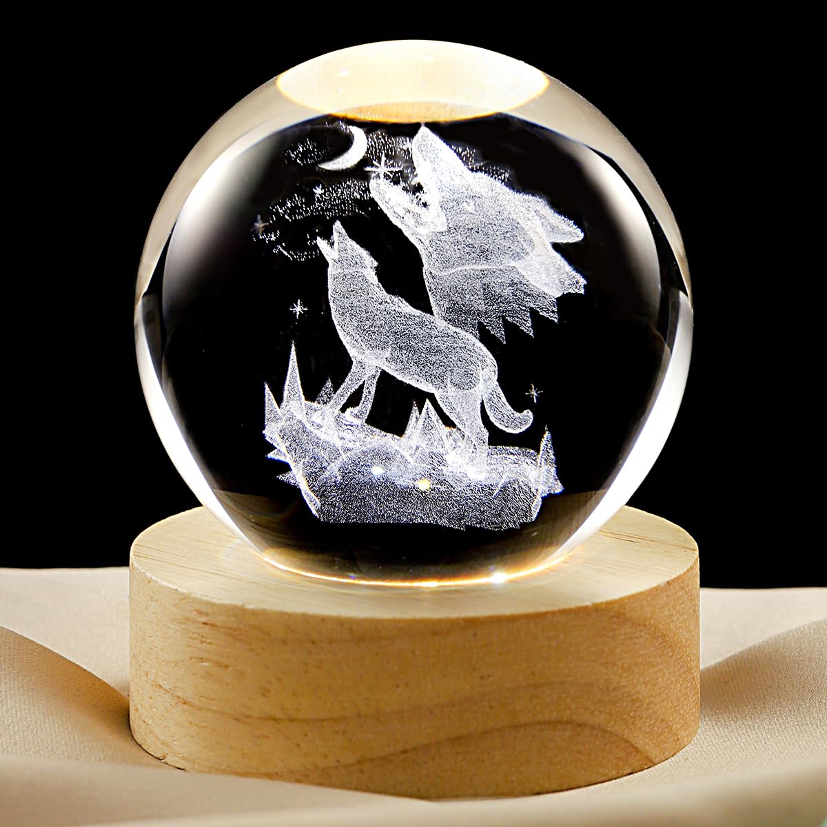 3D Wolf Crystal Ball Lamp with Dimmable LED and Wooden Base, Night Light for Kids Teens Adults, Home Desk Office Bedroom Decor, Birthday Gift (2.4”/ 6cm)
