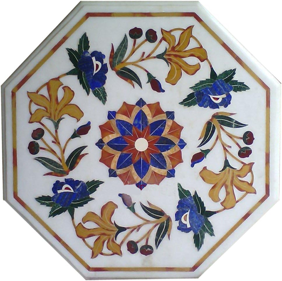 15" inch White Marble Inlay Coffee Table Top Lapis Stone Inlaid Tables with Beautiful Lotus Flower Handmade Pietra Dura Art