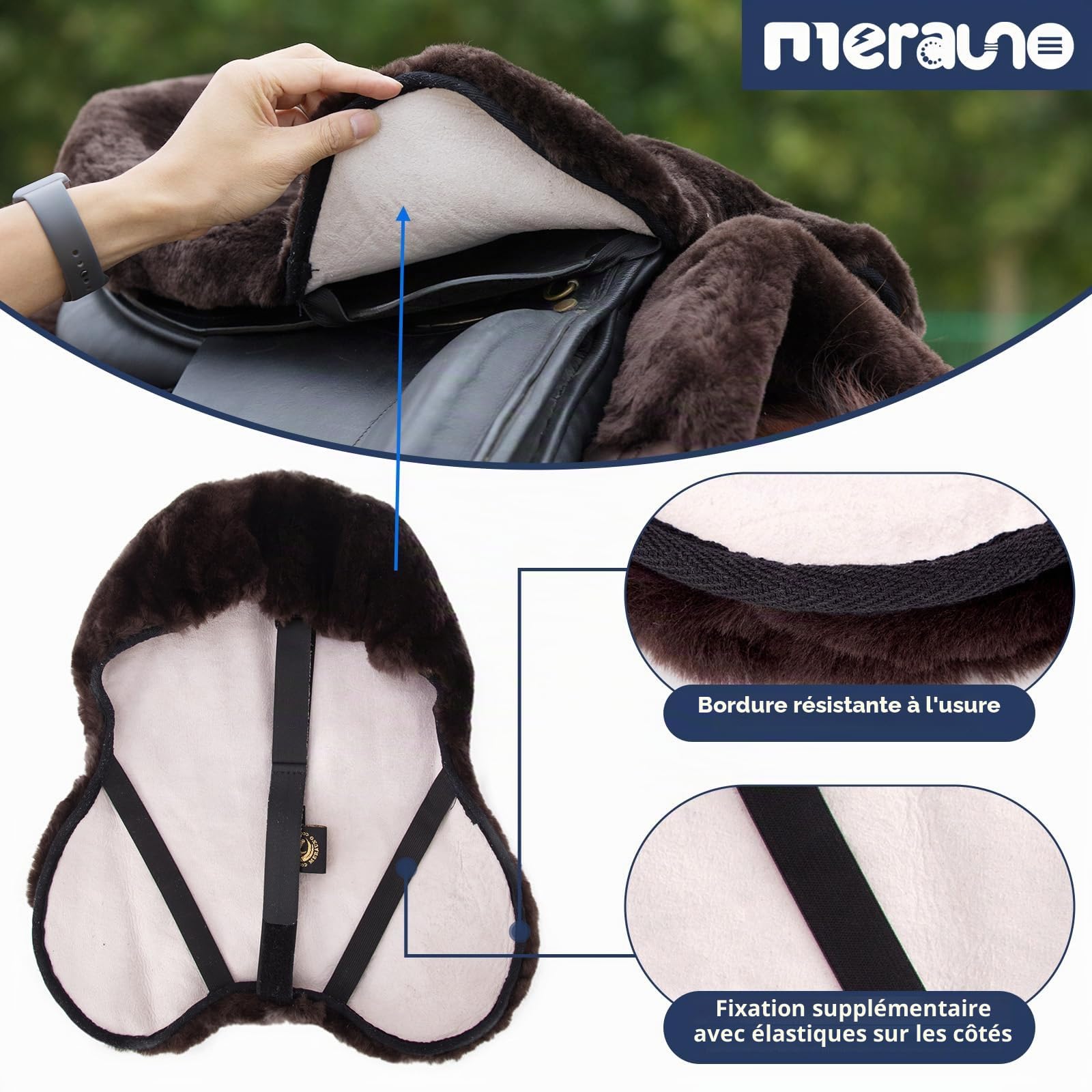 Housse de selle en laine d'agneau, en laine d'agneau mérinos pour un confort d'assise optimal, avec une bande Velcro réglable. Compatible avec toutes les selles anglaises. Couleur : naturel,