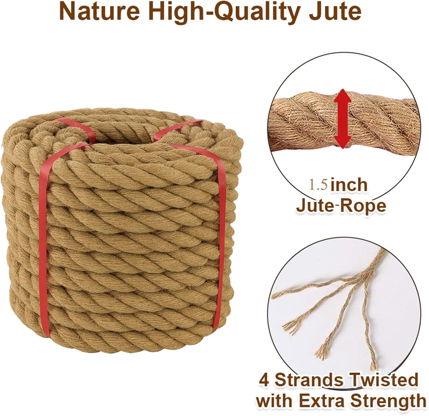 Jute Rope 1.5 Inch x 50 Ft, 38mm Thick Twisted Manila Ropes, Natural Heavy Duty Hemp Rope for Swing Bed, Craft, Railing, Tug of War, Landscaping, Gardening, Bundling, Hammock, Home Decorating