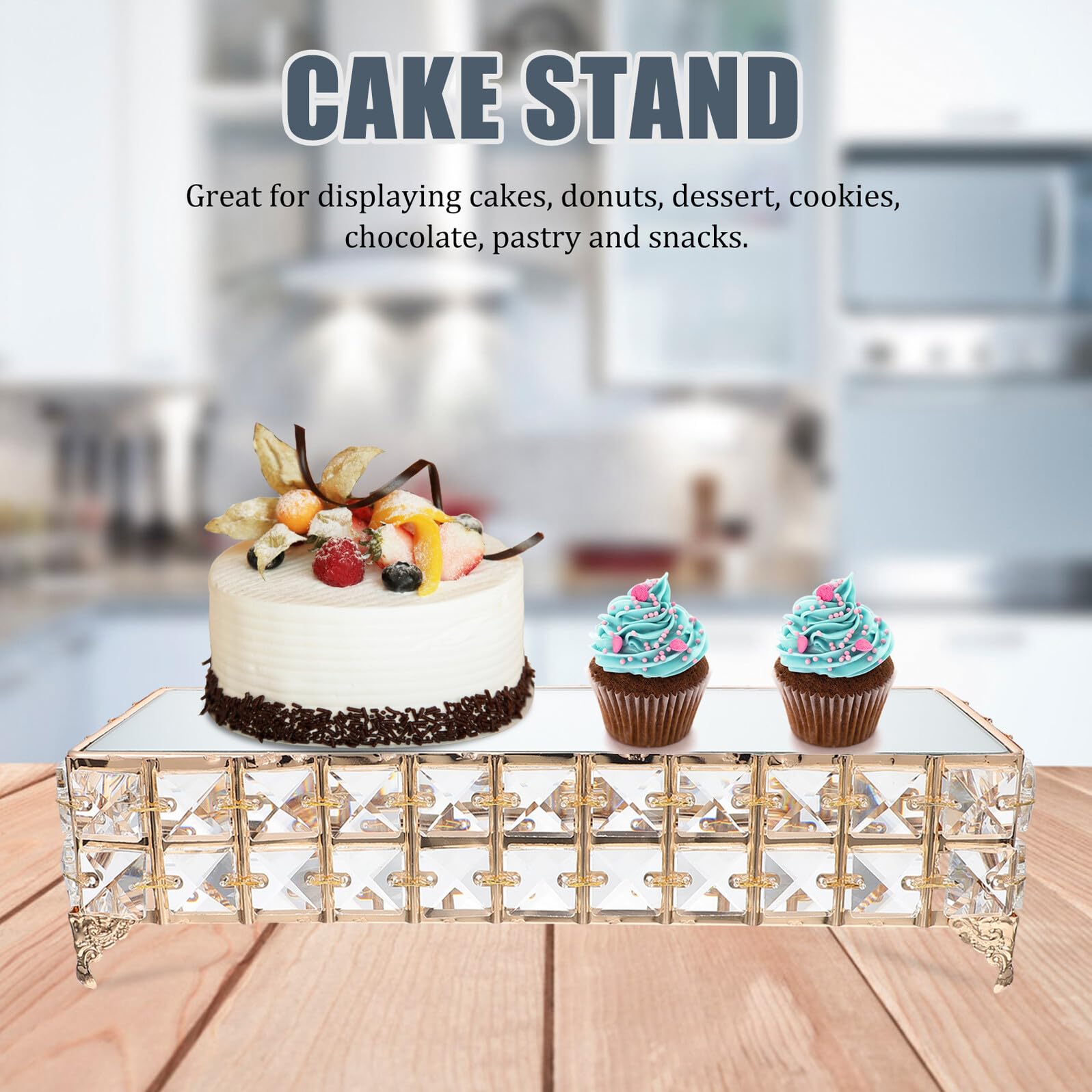 Soporte para Pasteles de Hierro y Vidrio Espejo Bandeja para Tartas de 30X12X7 CM Plato para Servir Postres y Frutas Adecuado para Bodas y Celebraciones