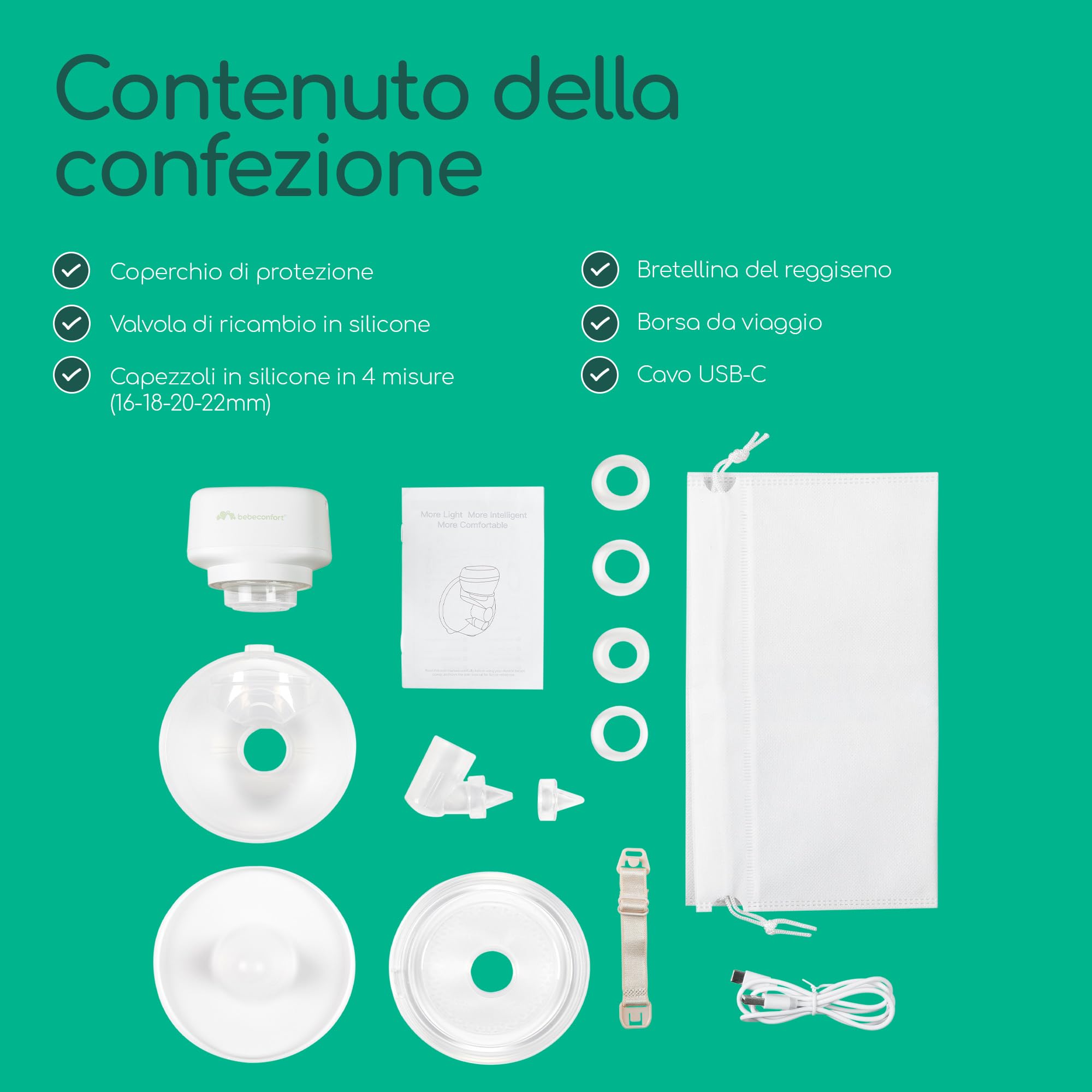 Bebeconfort Discreet Tiralatte Elettrico Indossabile, Tiralatte Portatile Elettrico, 3 Modalità, 15 Intensità, Batteria a Lunga Durata, Contenitore Grande da 210 ML