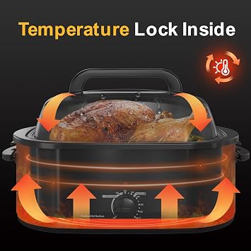 HEYNEMO 22Qt Electric Roaster Oven, Turkey Roaster Electric | Roaster Oven Buffet, Selfbasting Lid, Removable Pan, Full-Range Temperature Control Cool-Touch Handles, Black, Turkey Roaster