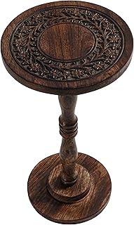 Rustic Wooden End Table 12x22 - Handcrafted Carved Side Table, Burnt Finish Bedside Table for Bedroom, Small Accent Table or Nightstand for Living Room