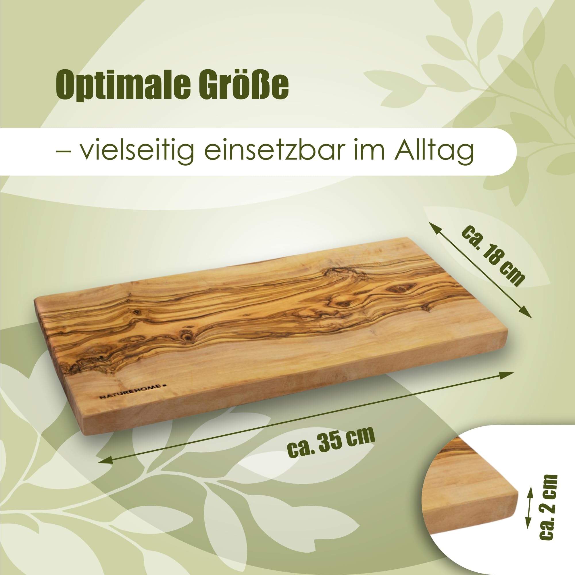 NATUREHOME Olivenholz Schneidebrett Massiv – Servierbrett & Frühstücksbrett aus Echtholz, Handgefertigt, Nachhaltig, ca. 35 x 18 x 2 cm