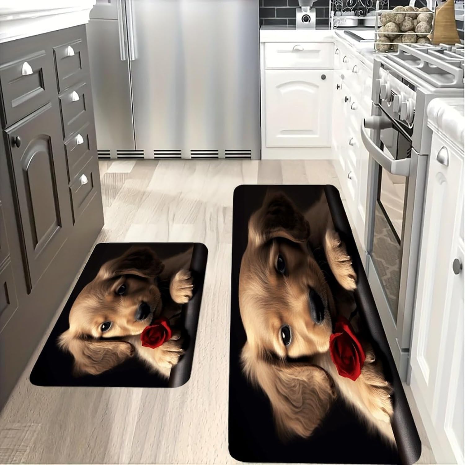 Cute Pet Dog Kitchen Mat Washable Non Slip Rugs Soft Kitchen Mats for Floor Set of 2 PCS Cushioned Absorbent Runner Standing Rugs for Home Sink Laundry Office