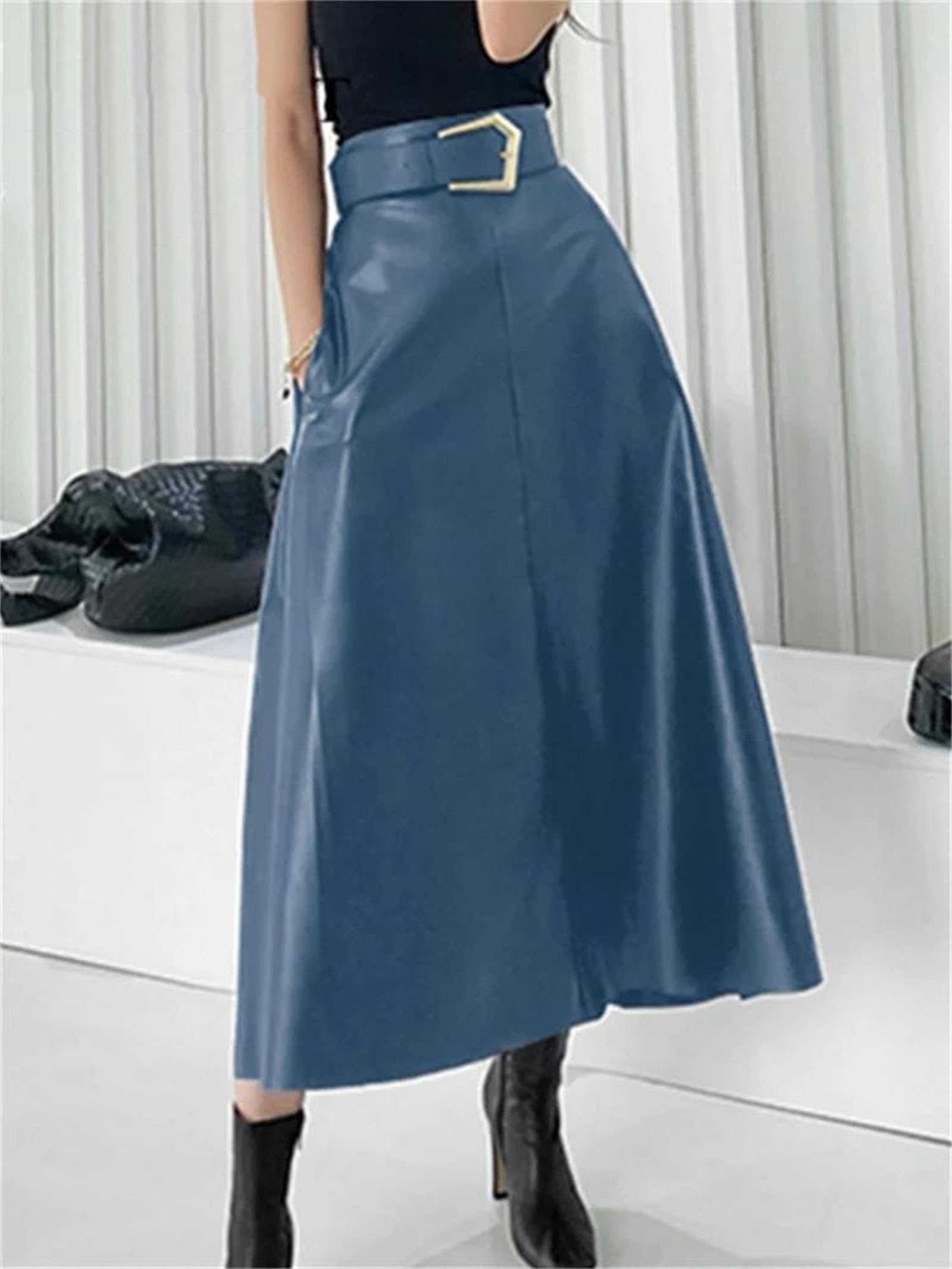 Donne Inverno Classico Faux PU Pelle Gonne Lunghe con Cintura Vita Alta Midi Gonne Femminili