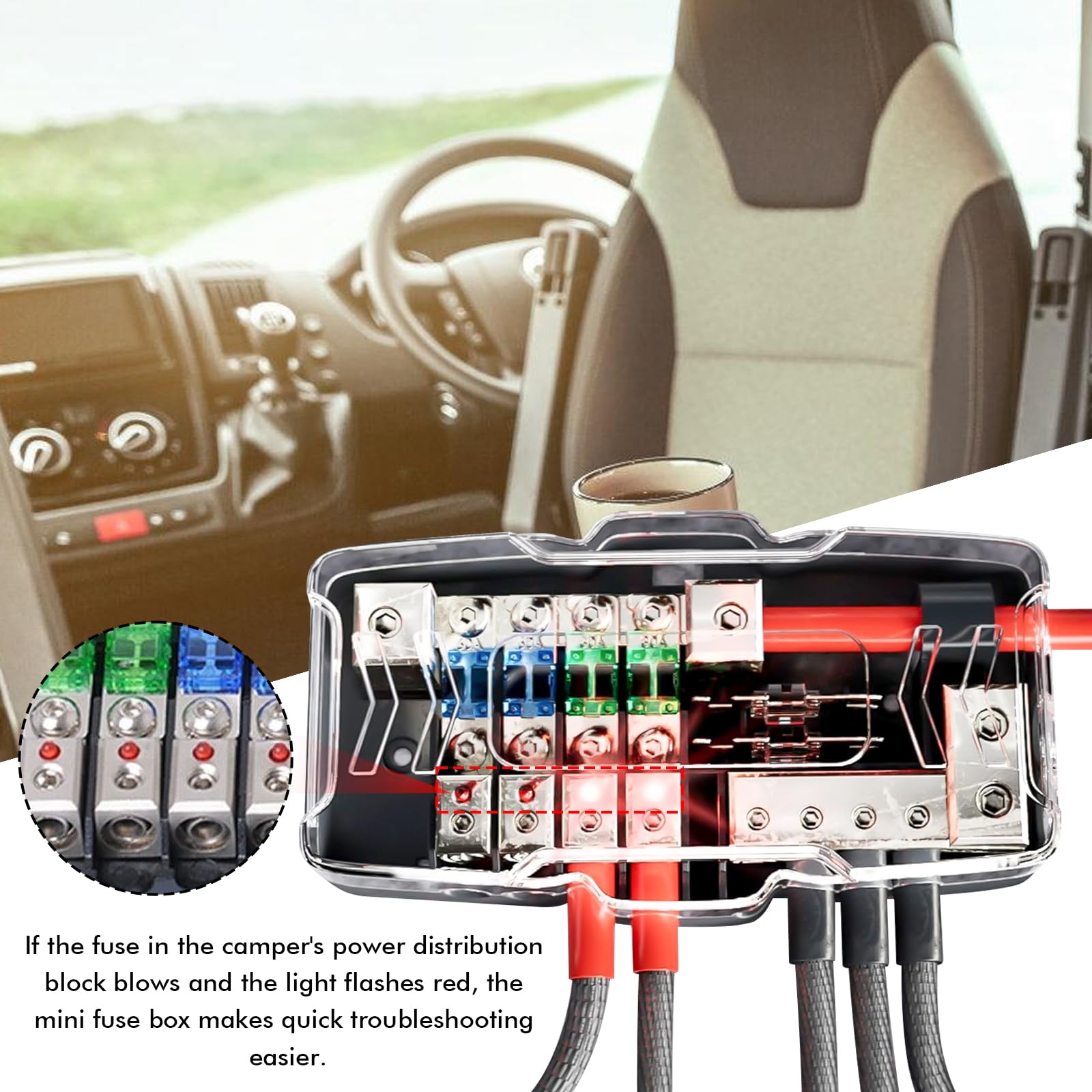 Camper - Blocco di distribuzione per auto, portafusibili con indicatore LED, mini scatola dei fusibili, 4 vie, 30 A, 60 A, stereo, per auto, SUV, camion, barca
