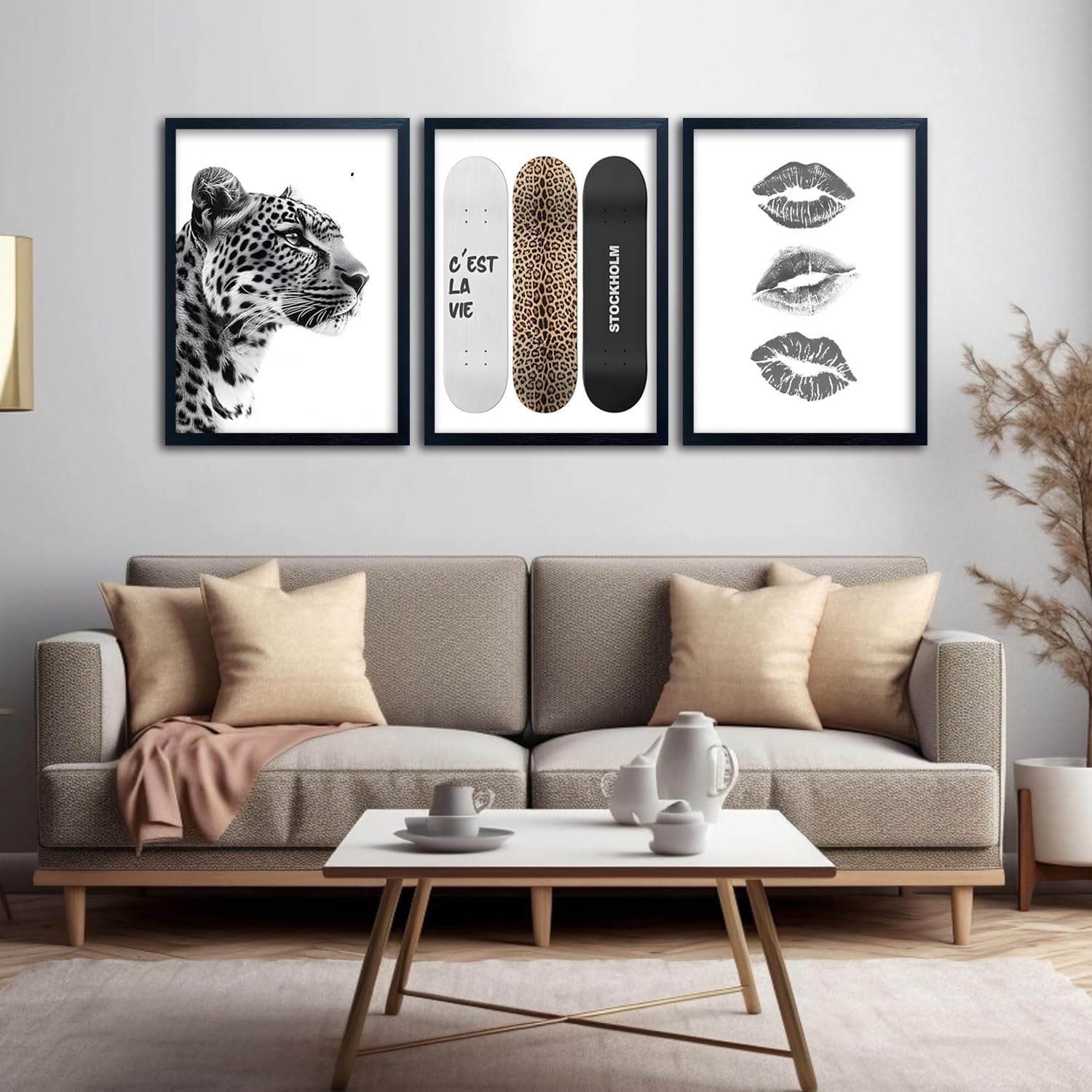 Framed Stockholm Style Canvas Wall Art Set of 3 Black and White Fashion Leopard Print Lips, Preppy Room Aesthetic Cheetah Wall Decor for Girls Bedroom Apartment or Dorm12x16 Inch Black Wood Frame