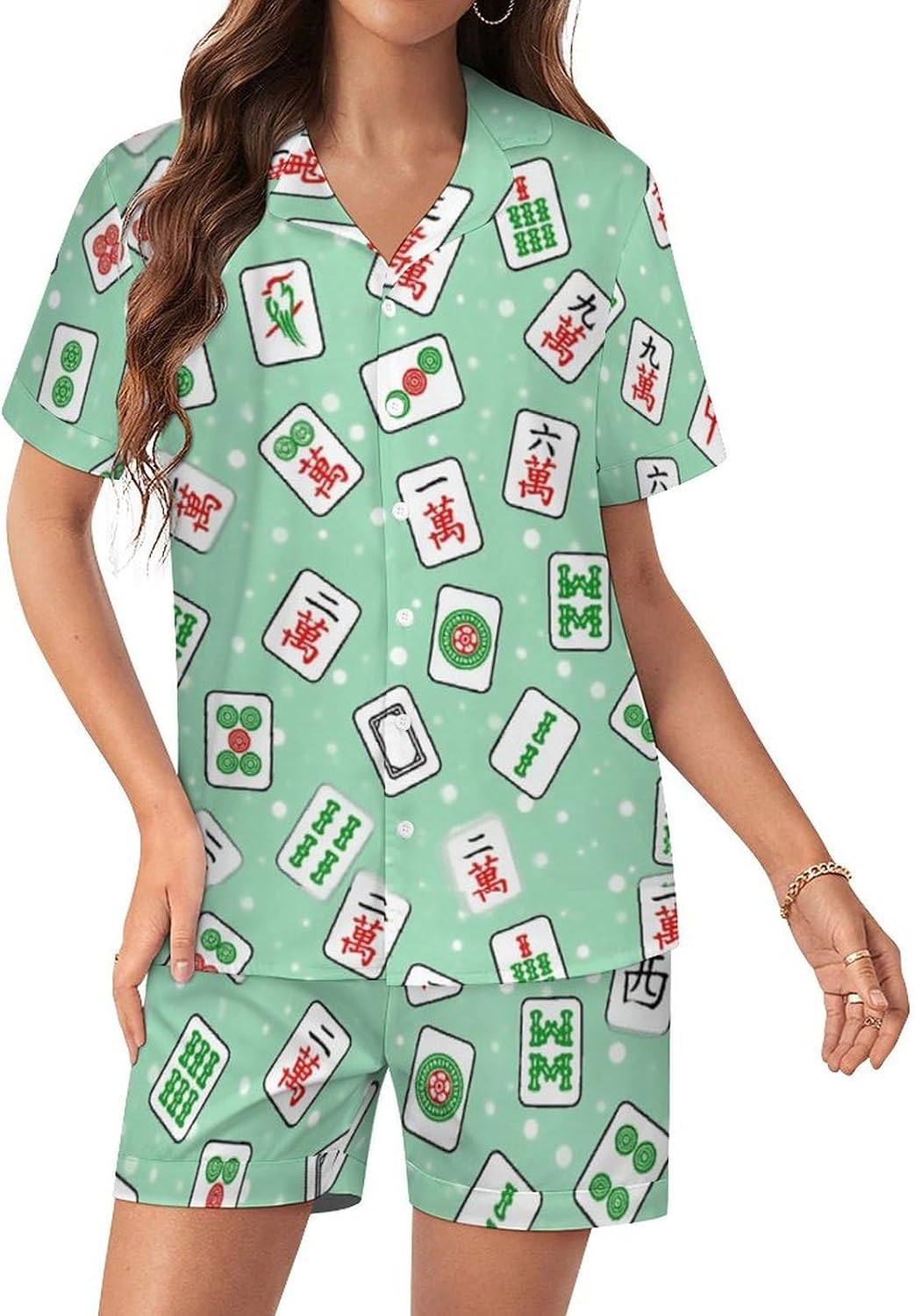 Pajamas for Women Set 2 Piece Pink Mahjong Hearts Button Down Pajamas Women Pj Sets Short Pajama Set for Women