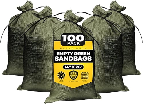 Bolsas de arena vacías de color verde militar con lazos (paquete de 100) de 14 x 26 pulgadas, bolsas de arena de polipropileno tejido, bolsas de
