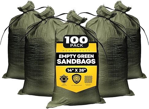 Empty Sandbags Military Green with Ties 14" x 26" - Woven Polypropylene Extra Heavy Duty Sand Bags Flood Protection