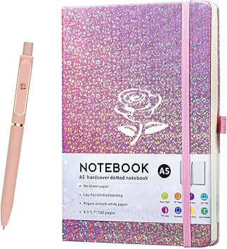 Glitter Laser A5 Notebook with Pen, Lined Journal A5 Notepad for Girls Women,Bling Diary with Rose Flower-Shaped College Ruled Hardcover Notebook for Work School, Note Taking, Business Pink