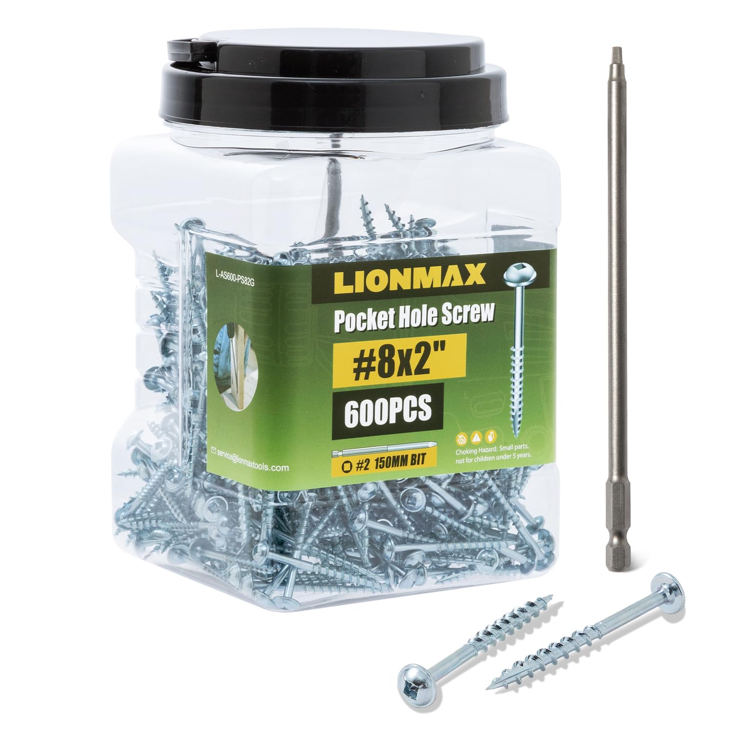 LIONMAX Pocket Hole Screws, 2 Inch, 600 PCS Interior Screws #8 x 2, Coarse Thread, Square Drive, Washer Head, Zinc Plated, 150MM Drive Bit Included