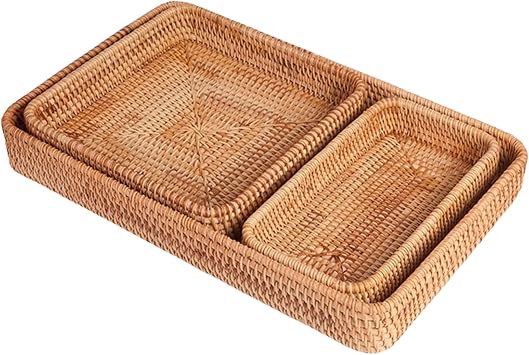Pack of 3 Natural Woven Rattan Serving Trays Rectangular Storage Baskets for Kitchen Counter Bathroom Coffee Table Organ