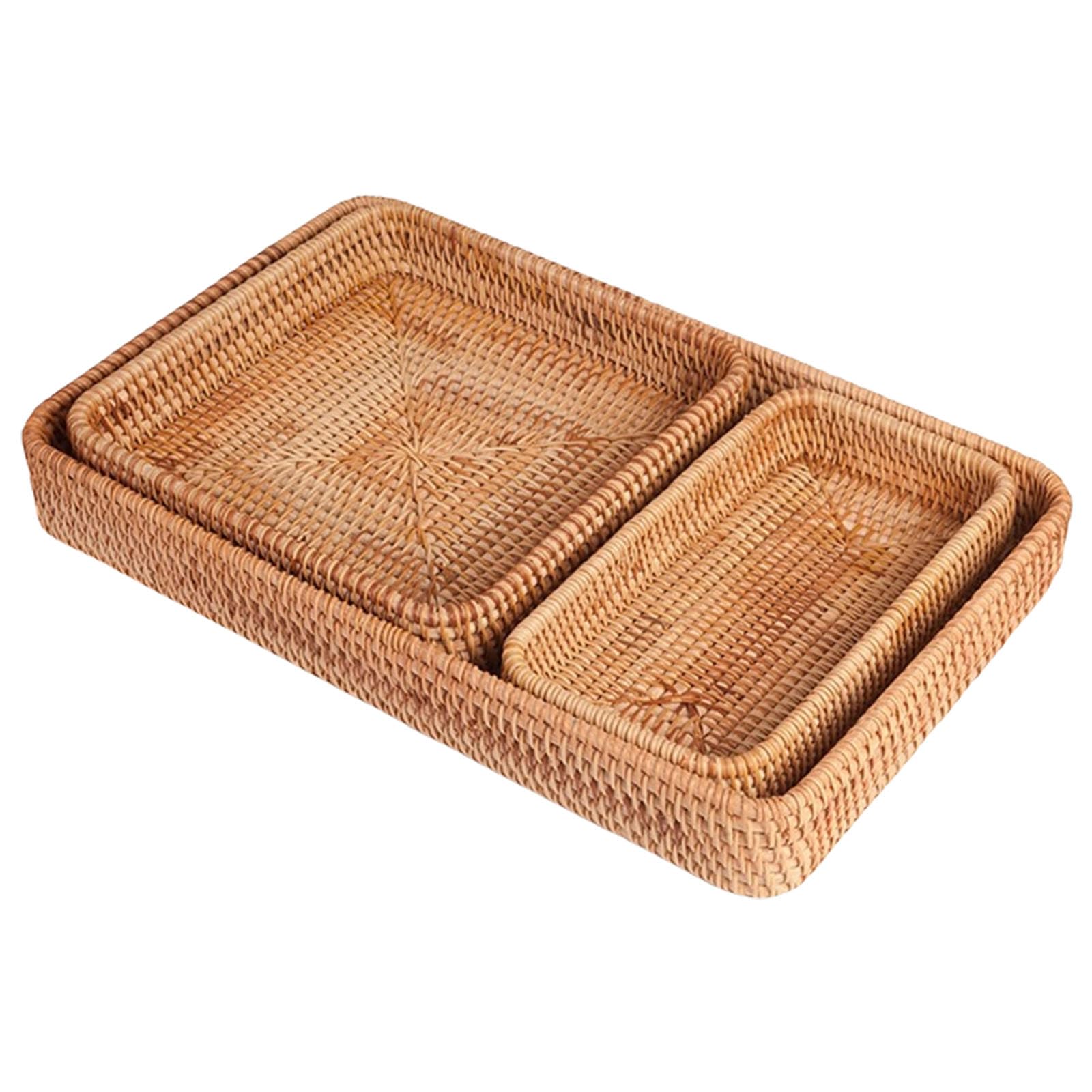 Tsophreniq 3 Piece Handwoven Rattan Serving Trays Set Rectangular Woven Storage Baskets for Organizing Countertops Coffee Tables Home Decors Multipurpose Rattan Fruit Bowl