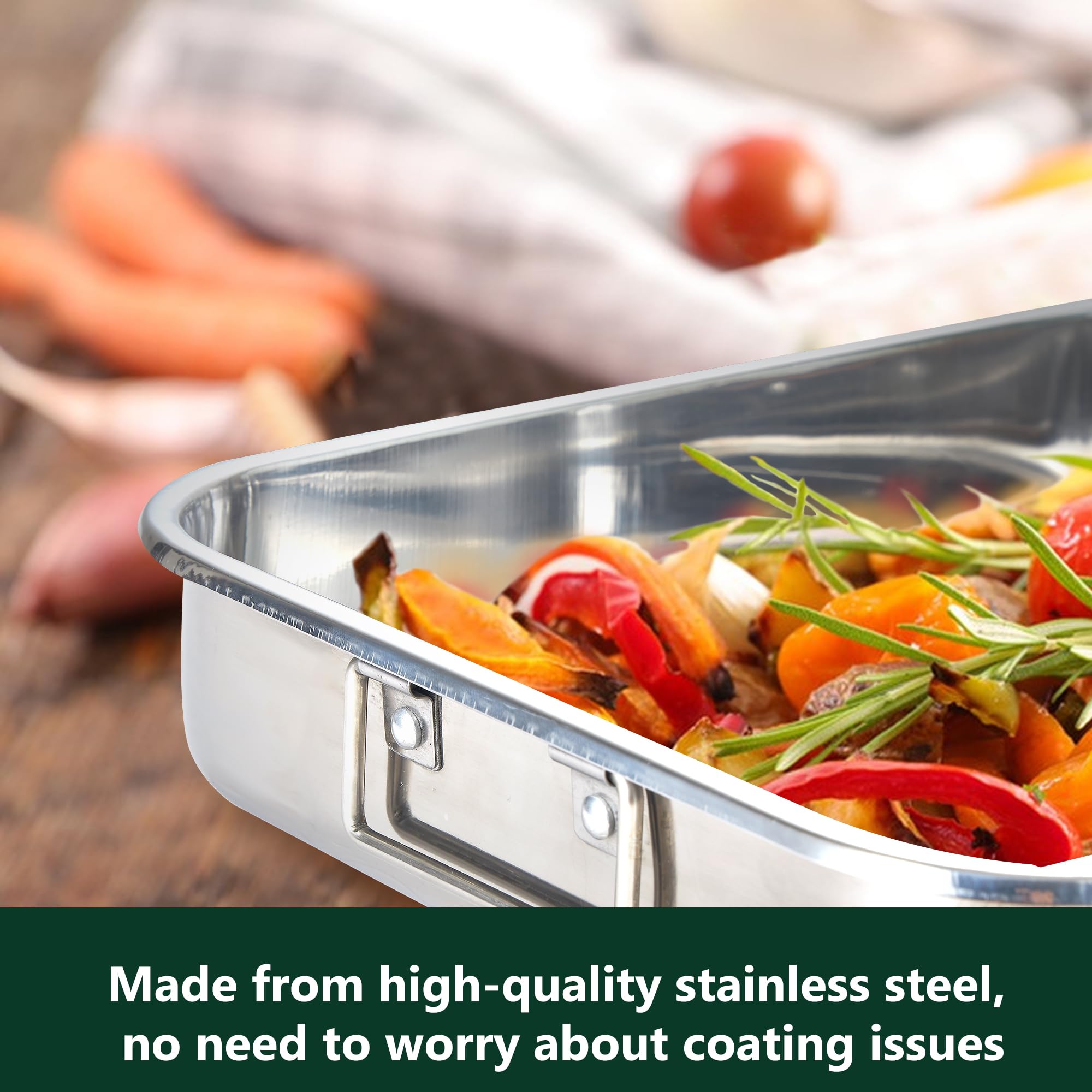 Stainless Steel Roaster with Flat Rack & Parchment Paper, 16.2 x 12.2 x 3 inches - Ideal Roasting Pan for Whole Turkey, Roasts, or Multiple Sides - Image 6