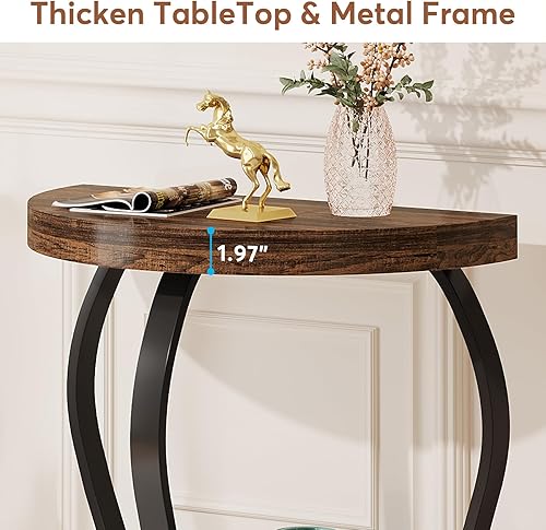 Miniatura 6 de Tribesigns Juego de 2 mesas auxiliares semicirculares de madera de 2 niveles, mesa auxiliar semicircular con mesa gruesa para sala de estar,