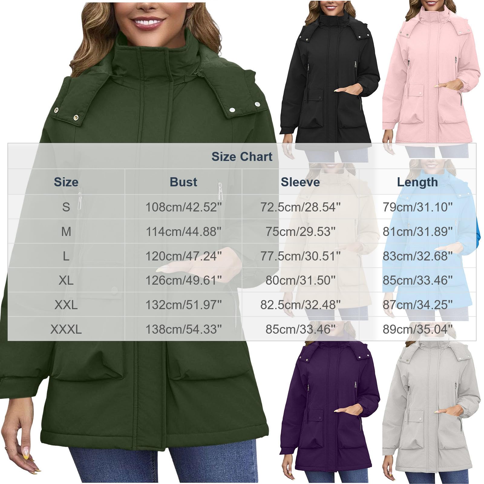 Giacca impermeabile 3 in 1 da donna con cappuccio foderata in pile