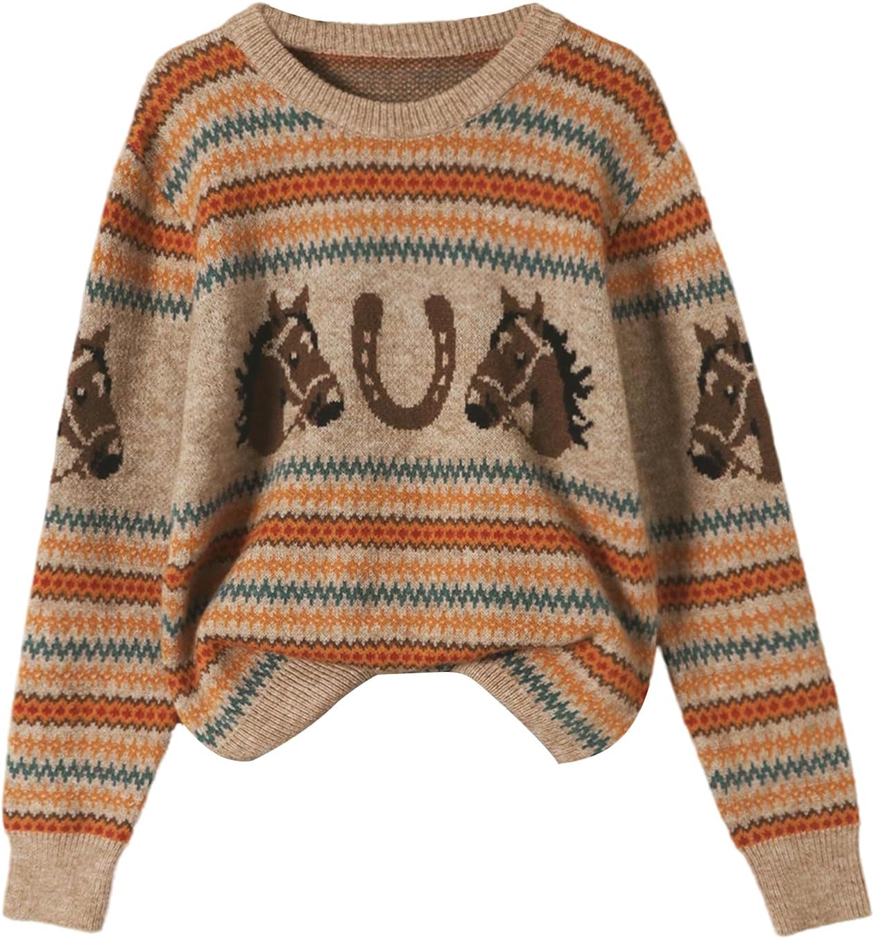 WDIRARA Women's Graphic Sweaters Crew Neck Long Sleeve Pullover Retro Vintage Knit Tops