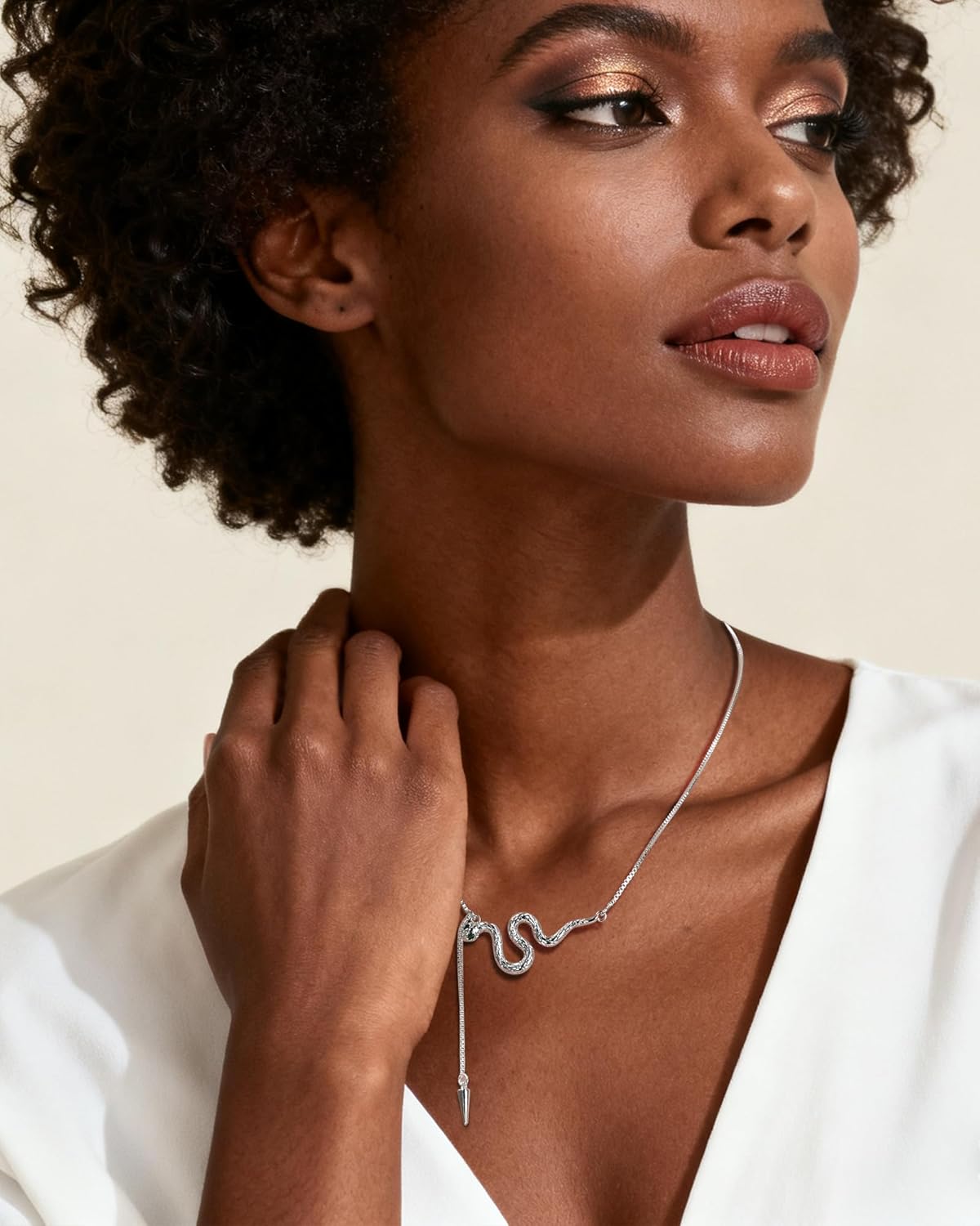 Silver Snake Y Shape Emerald Pendant Adjustable Stackable Chain Charm Cubic Zirconia Thin Necklace for Women - Image 3