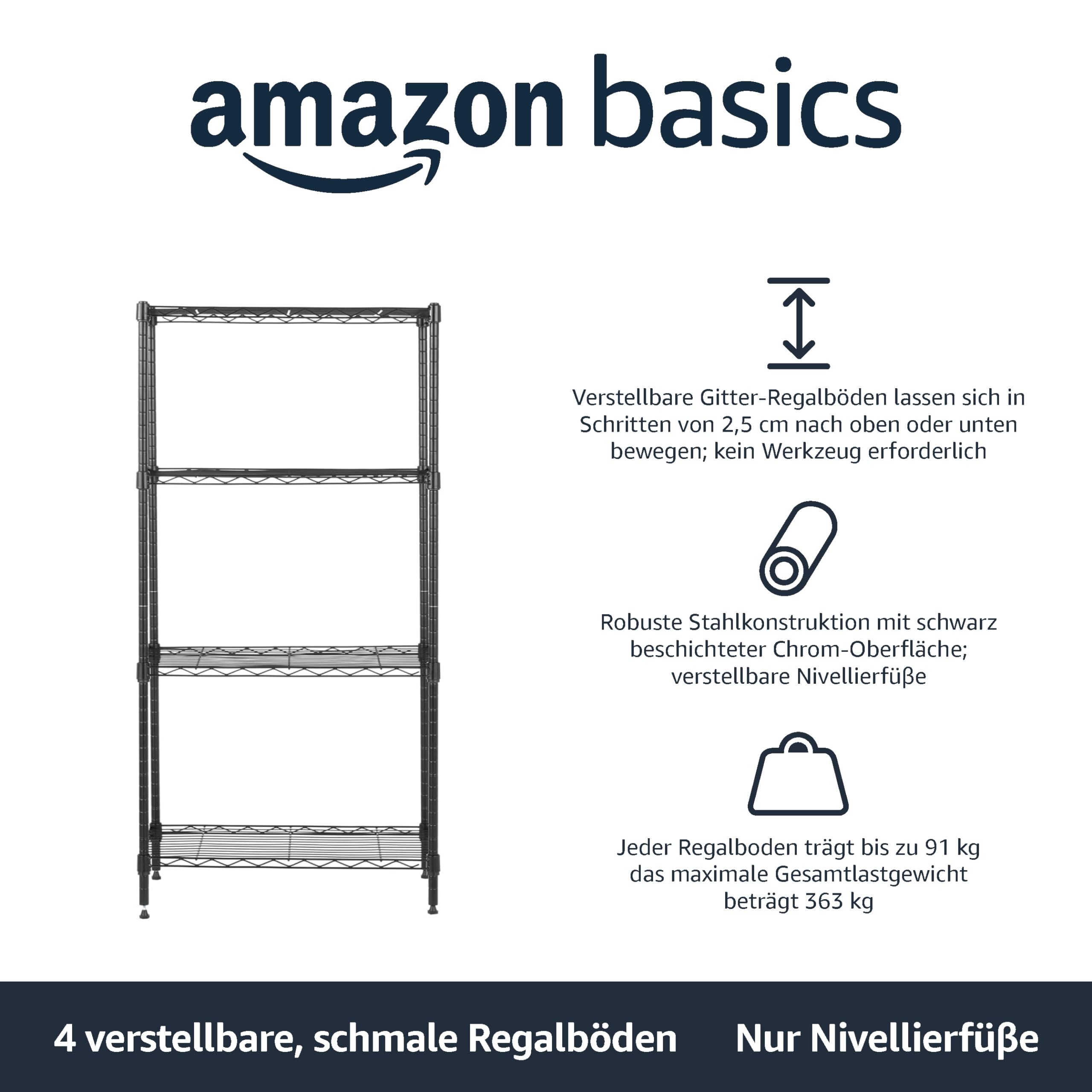 Amazon Basics Schmaler Aufbewahrungsschrank mit 4 Regalböden, höhenverstellbaren Einlegeböden und Nivellierfüßen, maximales Gewicht 363 kg, Schwarz, 34 cm x 58.9 cm x 121.9 cm (T x B x H)