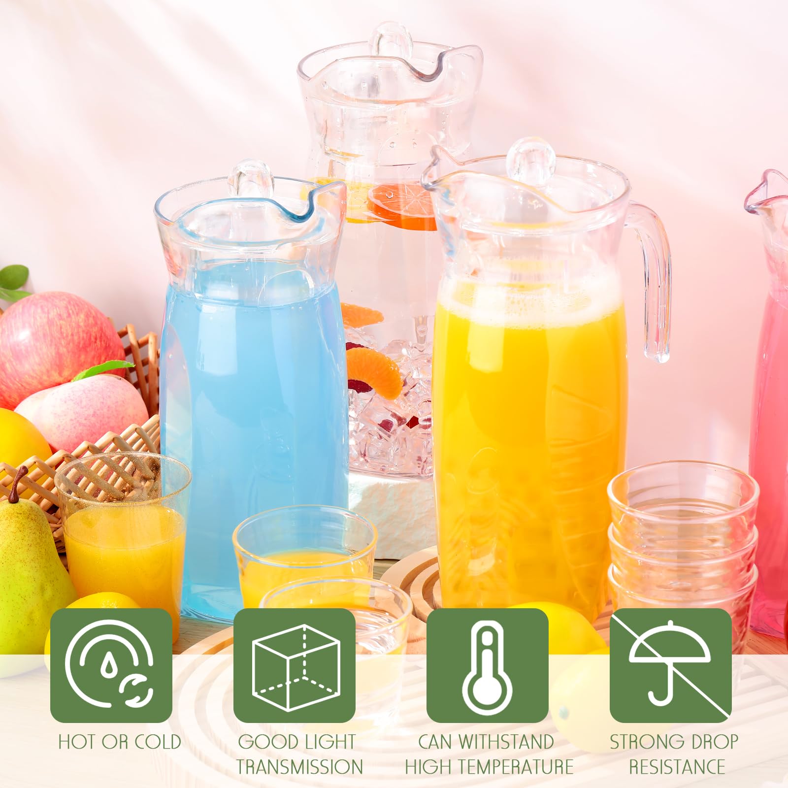 Paquete de 4 jarras de agua acrílicas con tapa y mango de boquilla, jarra de plástico transparente resistente al calor, contenedor de bebidas irrompible, jarra para refrigerador, jugo, té 4