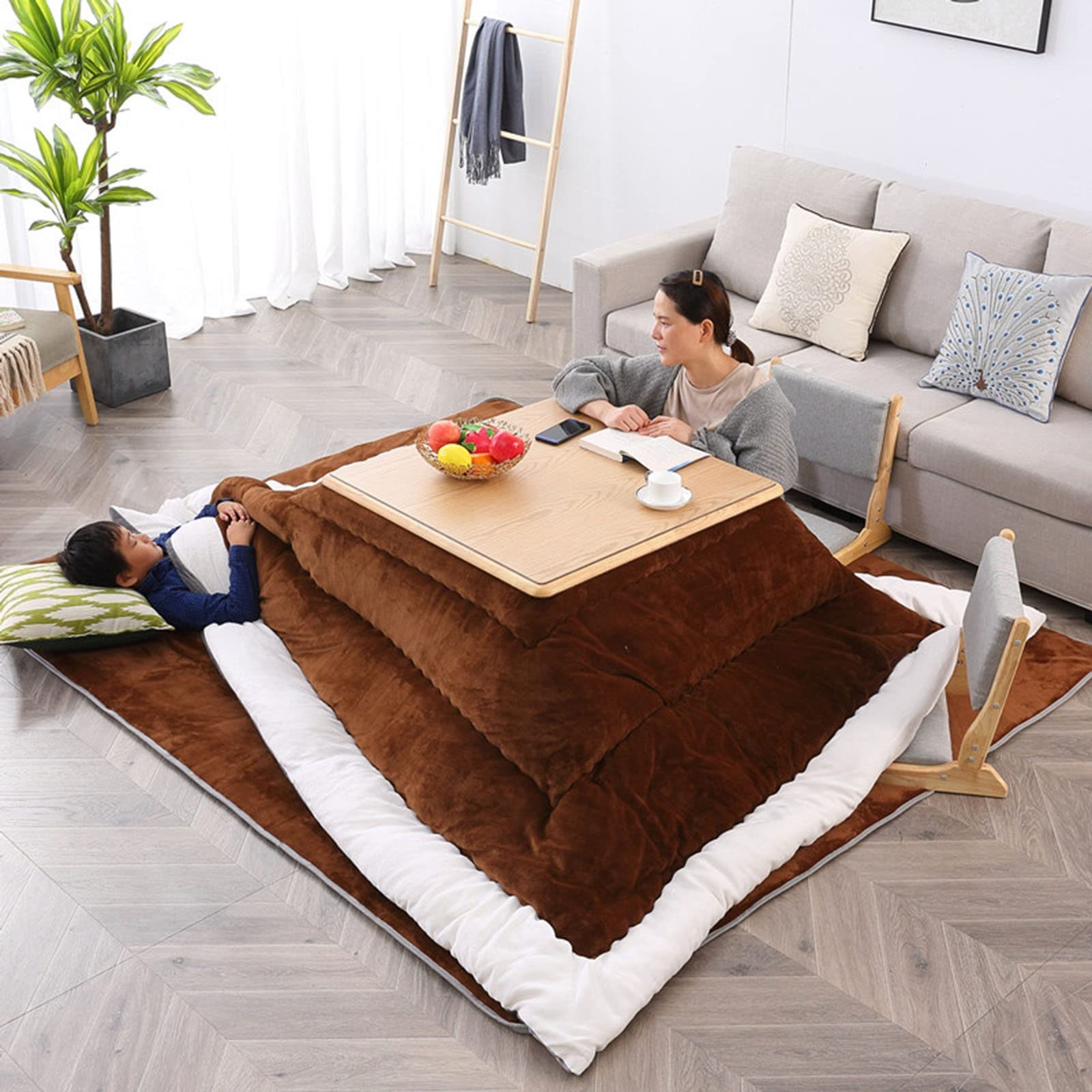Kotatsu 4er-Set Wohnzimmerheizung Im Winter - Massivholz-Tatami-Tisch Und Sommer-Couchtisch - Warmes Geschenk Für Die Familie (Wood Color, 80 * 80 * 45cm)