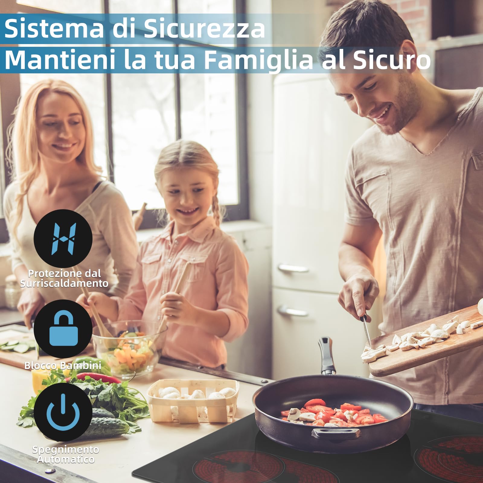 WEHIMO Piano Cottura Elettrico 4 Fuochi, 7200W, Piano Vetroceramica, Drehknopfsteuerung, 9 Livelli di Riscaldamento, Timer, Blocco di Sicurezza per Bambini, Adatto a Tutte le Pentole - 3