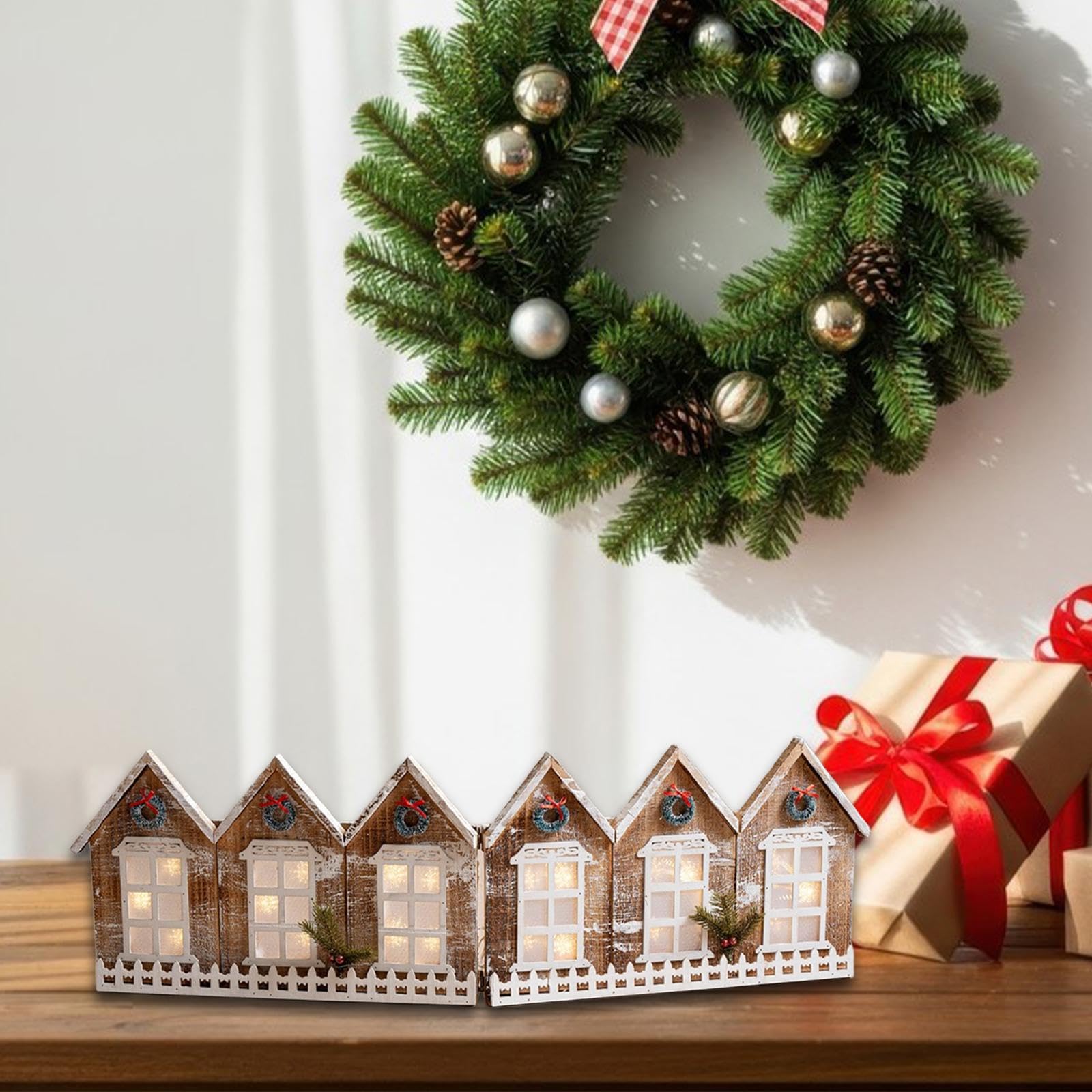 Baoblaze Set di Casette Natalizie in Legno, Albero di Natale, recinto, Regalo di Natale, Decorazione da Tavolo, per caminetto, Bar, Festa di Natale